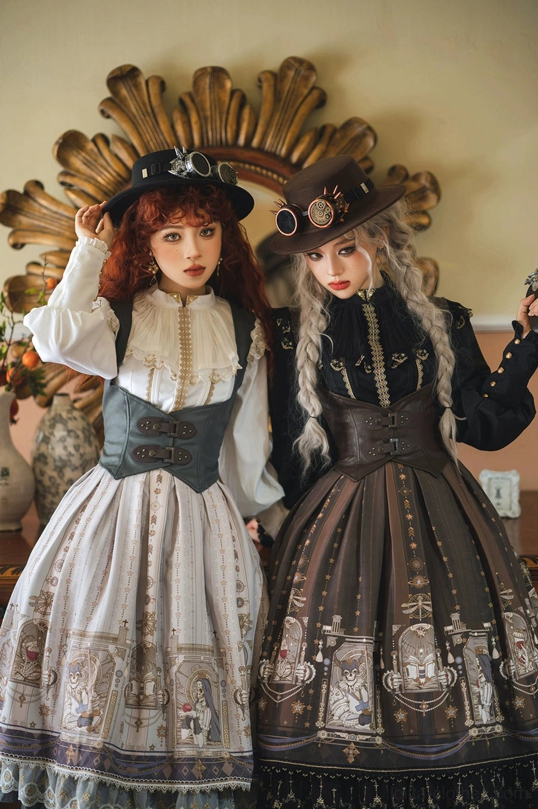 Steampunk lolita two piece sets steampunk hats ruffled blouses cropped waistcoats detailed vintage skirt prints full body front close up royal retro background