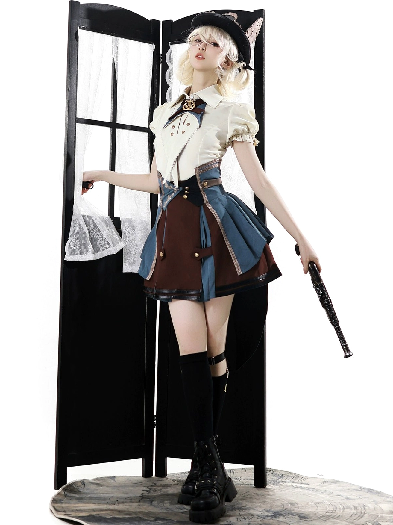 steampunk lolita suit styling detail view embroidered waistband gold tail detail color-block construction aesthetic