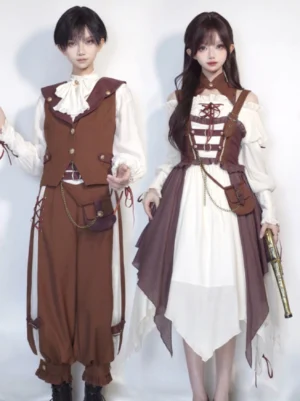 Steampunk pirate lolita couple matching outfit full body frontal view brown cream color scheme with asymmetrical hem detachable chain crossbody bag