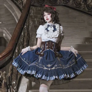 Gilded punk lolita skirt suit complete set - model wearing elegant steampunk-inspired Victorian dress with navy skirt, ruffled blouse, and brown waistband on ornate marble staircase