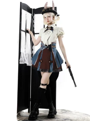 steampunk train conductor punk lolita three-piece suit set full body front view model wearing bunny ear hat holding prop pistol