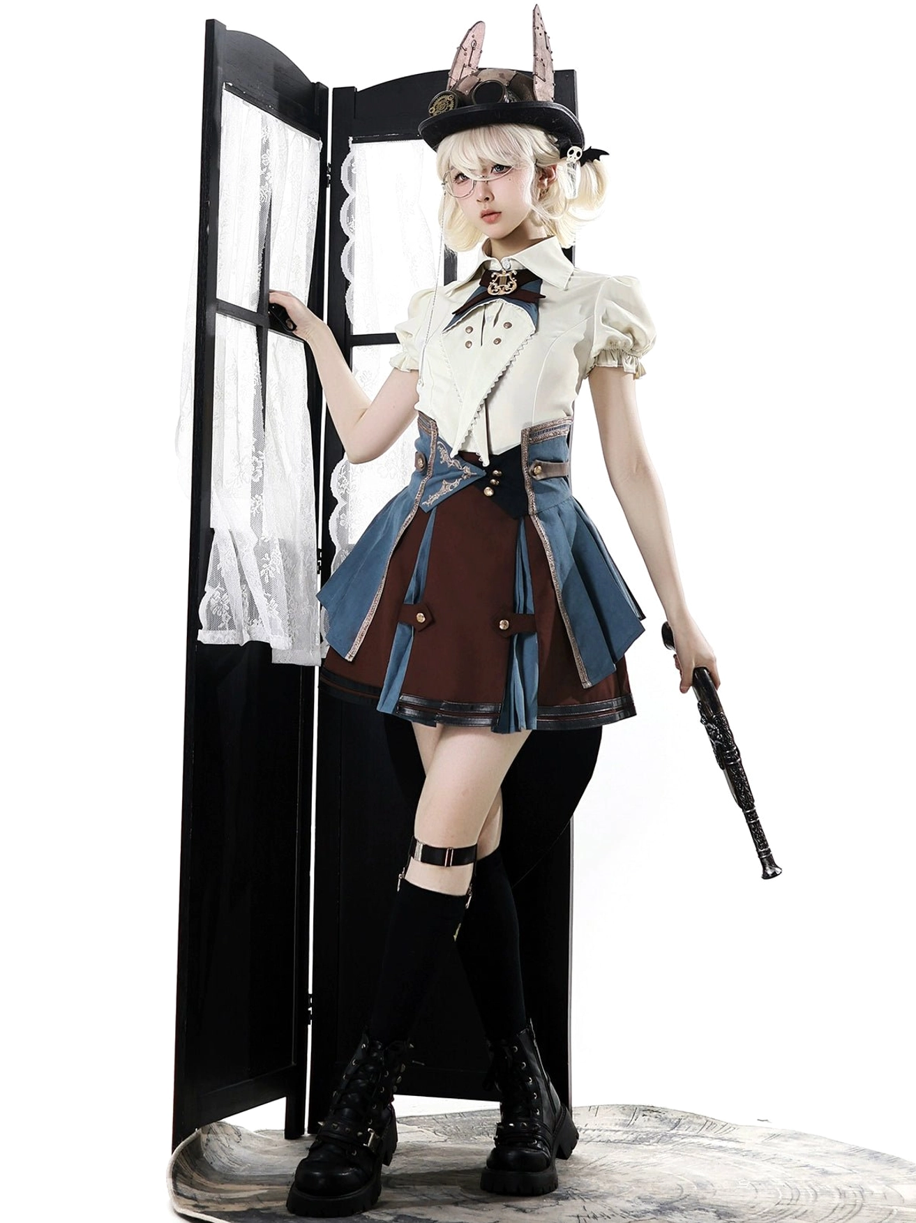 steampunk train conductor punk lolita three-piece suit set full body front view model wearing bunny ear hat holding prop pistol