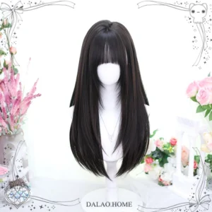 Sleek straight long lolita wig with blunt bangs showcased on white mannequin head among romantic flowers and delicate jewelry props