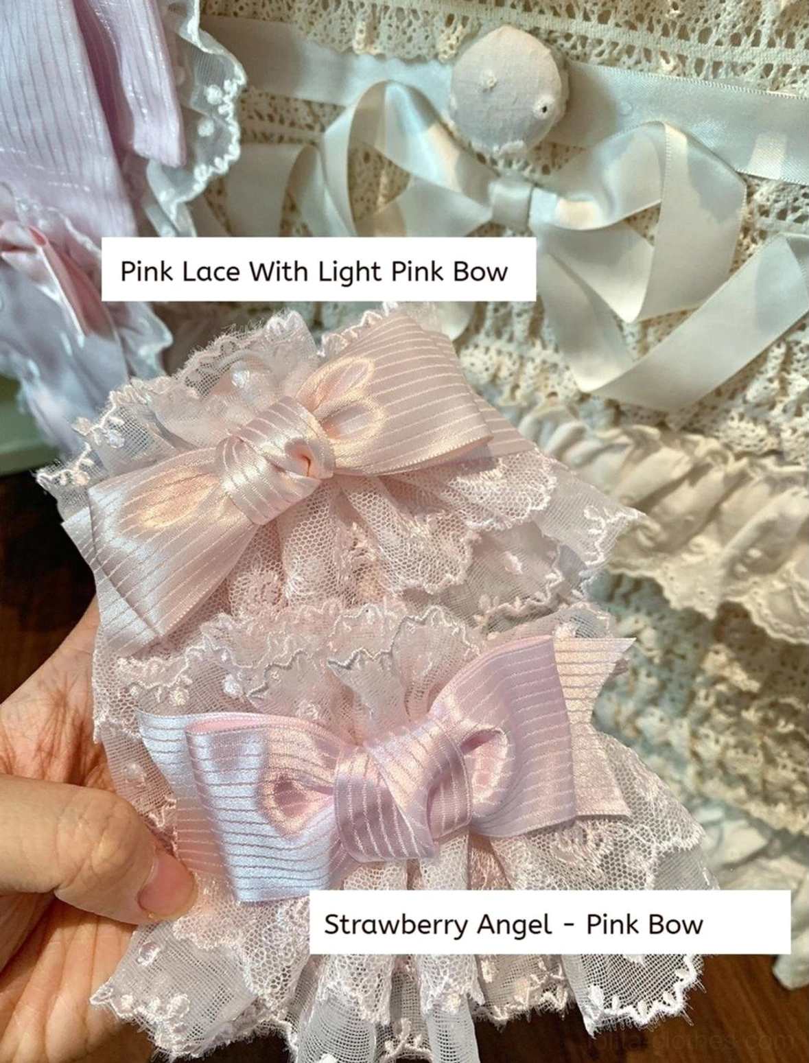 Strawberry Angel pink bow Sweet Lolita wrist cuffs with soft satin bow and ruffled lace trim