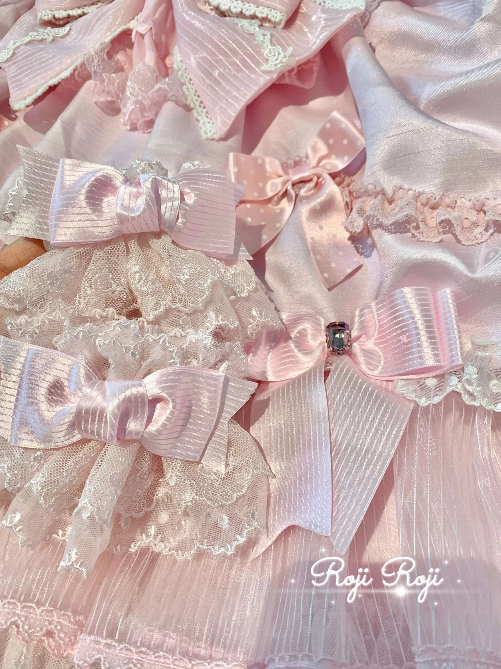 Strawberry Angel pink bow Sweet Lolita wrist cuffs premium design with delicate lace and satin embellishment