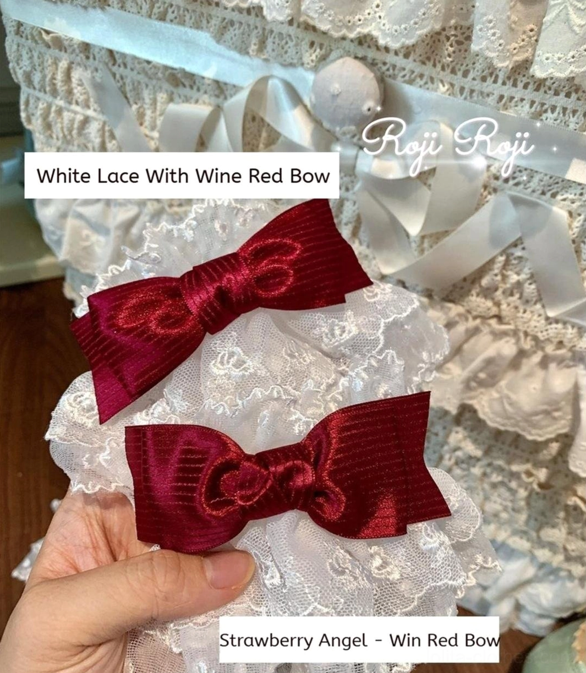 Strawberry Angel wine red bow Sweet Lolita wrist cuffs pair with layered ruffle lace texture