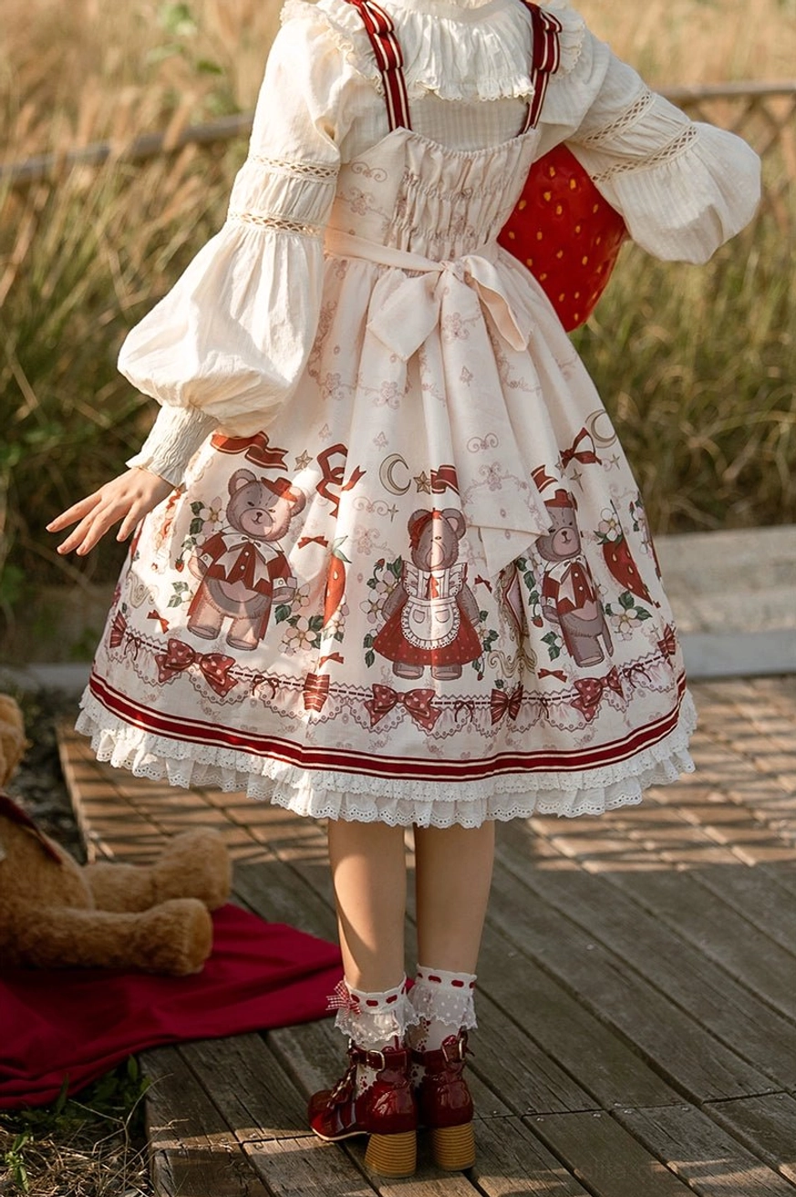 strawberry bear sweet lolita jumper skirt jsk close-up detail burgundy prints bow accent lace trim ruffled hemline