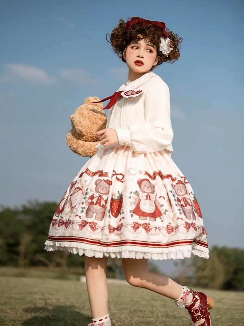 strawberry bear lolita ensemble front view white coat heart badge burgundy bow jsk printed skirt matching accessories