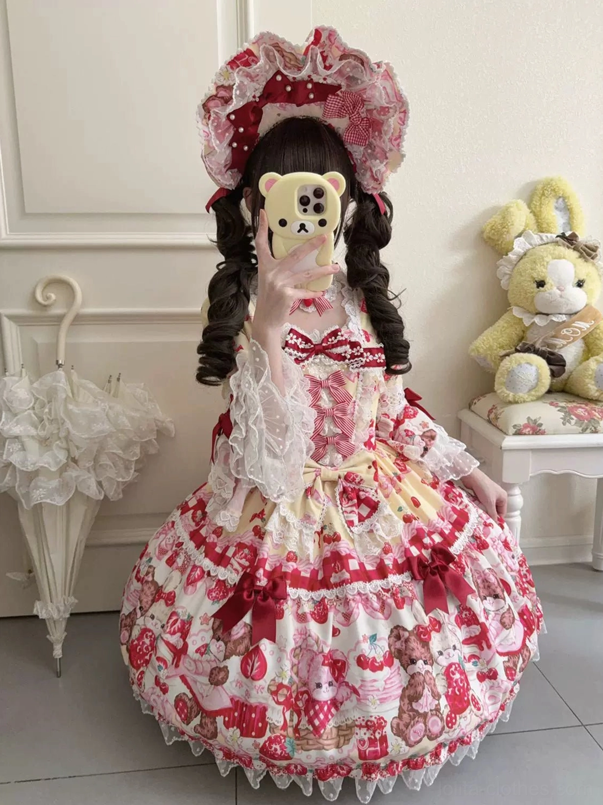 Strawberry bear print sweet lolita one-piece dress color swatch collection showing all available colorways: pink, yellow, black, blue, and red options