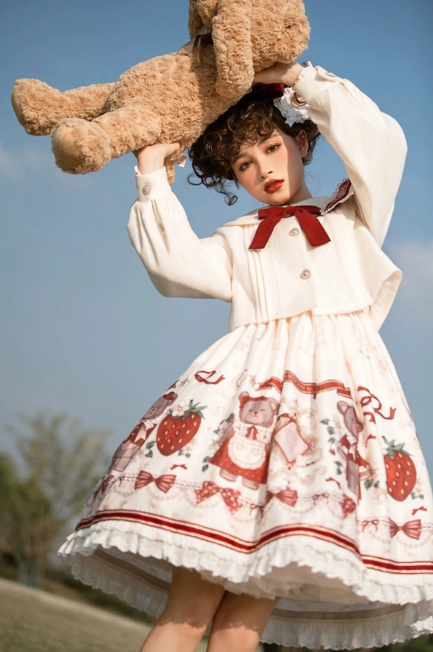 strawberry bear sweet lolita complete outfit styling white cape coat burgundy bow jsk printed skirt full coordinate