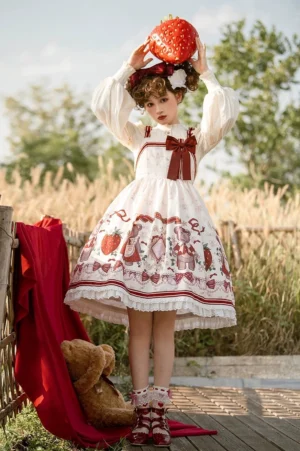 strawberry bear sweet lolita jumper skirt front full-body view ivory base burgundy prints ruffled lace hem with matching bow