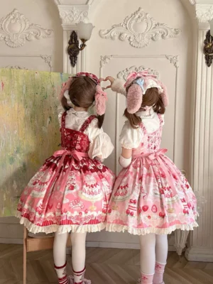 Strawberry cake lolita jumper skirt back view showing adjustable shoulder straps back waist bows and matching tights