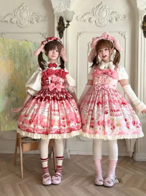 Strawberry cake sweet lolita JSK dress pair front view with plush bunny ear hair clips and ruffled cream hem detail
