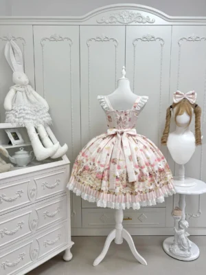 Iced Strawberry Cheese Sweet Lolita JSK dress back view flat lay showing removable waist bow back zipper closure and ruffled shoulder straps lolita jumper skirt