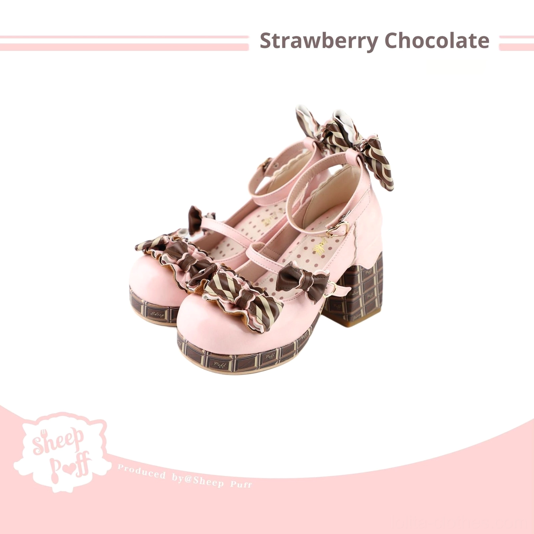 Strawberry chocolate sweet lolita high heel shoes product display showing dual adjustable ankle straps and heart buckles