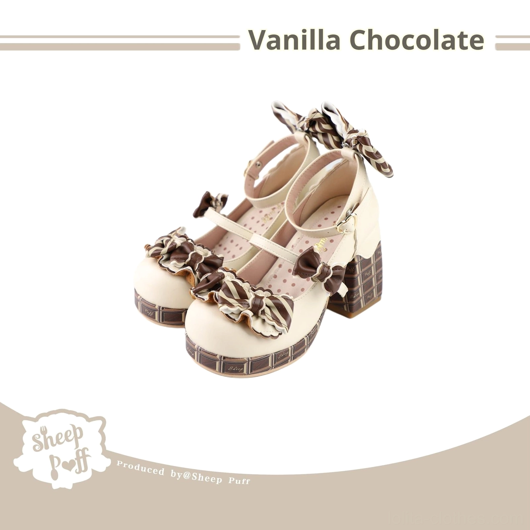 Strawberry chocolate sweet lolita heels showcasing playful polka dot and stripe pattern mix on rounded square toe silhouette