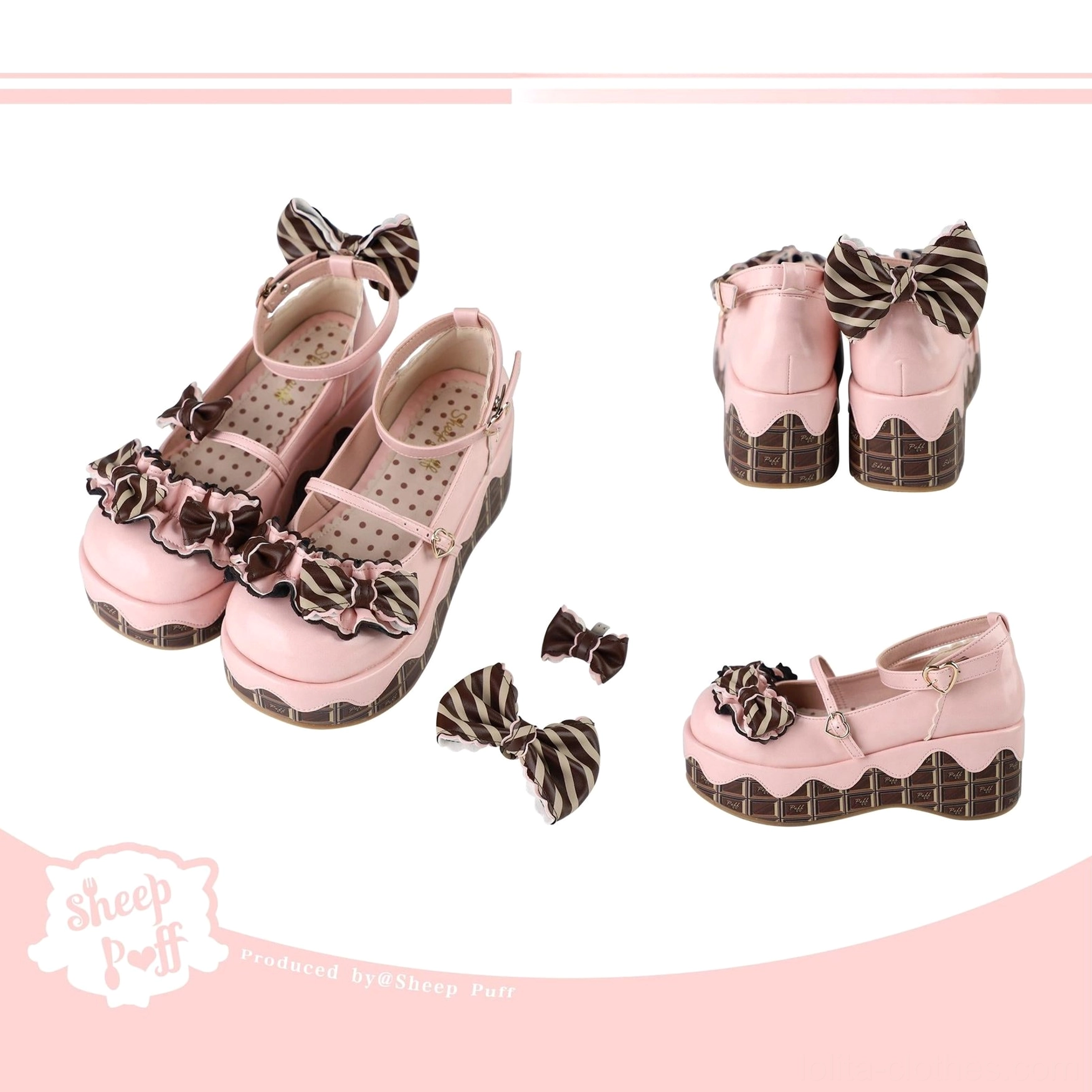 Strawberry chocolate lolita platform shoes colorway flatlay display showing pink tone aesthetic and chocolate-pattern sole design
