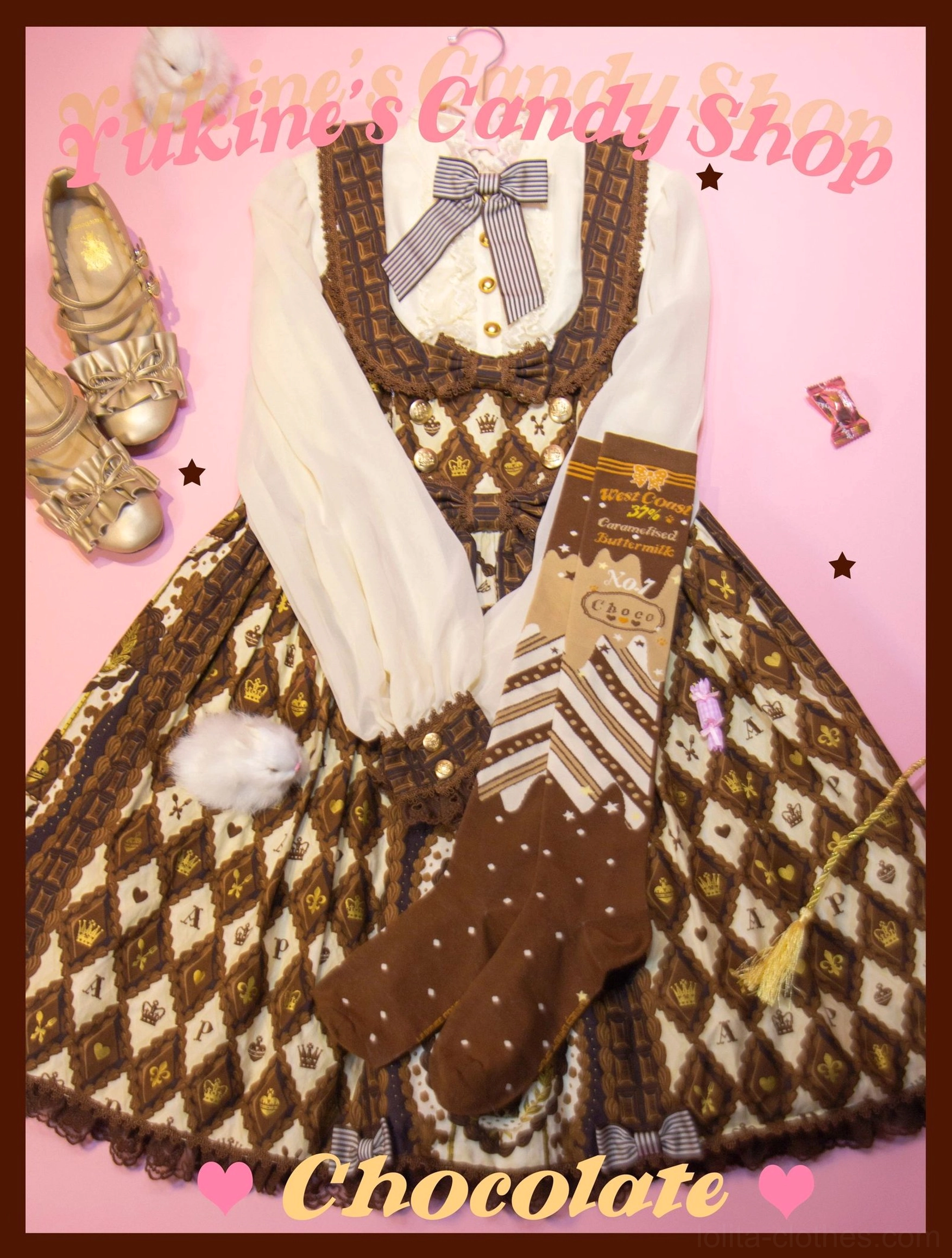 Strawberry red-chocolate lolita socks elegant presentation flatlay with coordinating accessories and lolita aesthetic props