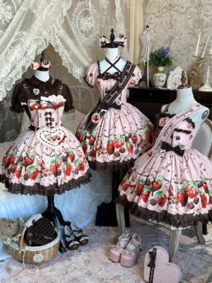 Strawberry chocolate lovers sweet lolita dress collection overhead display vintage lace background accessories