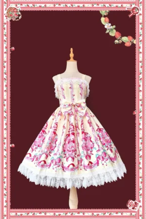 Cream colored strawberry floral print sweet lolita jumper skirt dress with striped bust design and white lace hem trim front view