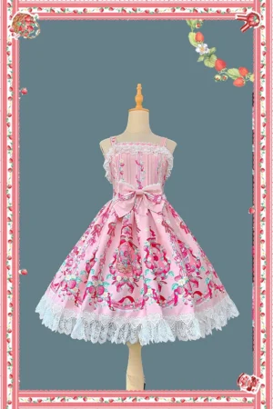 Strawberry Culinary Maiden sweet lolita JSK dress pink colorway front view with ruffled square neckline and front waist bow on mannequin
