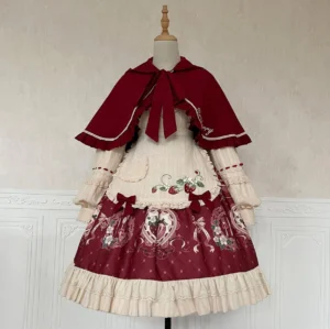 strawberry diary sweet lolita OP dress apron cape complete set flat display mannequin wine red cream ruffled collar bow