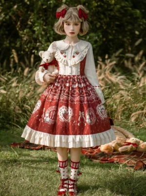strawberry diary sweet lolita op dress with cape set full-body front standing view lolita girl outdoor grass field teddy bear wine red cream strawberry print