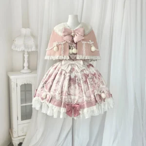Strawberry Dreamland sweet lolita JSK dress with pink faux fur capelet front flat lay display showing cat strawberry print jacquard fabric