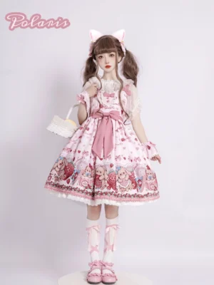 Strawberry gift box sweet lolita JSK dress full body front view model wearing pink twin tail hairstyle with matching basket and pink socks
