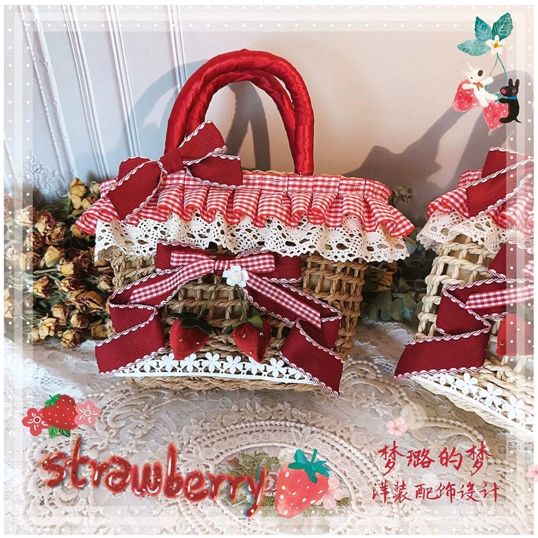 Pair of beige strawberry gingham Country Lolita straw tote bags with lace edging, red bows and strawberry decorations