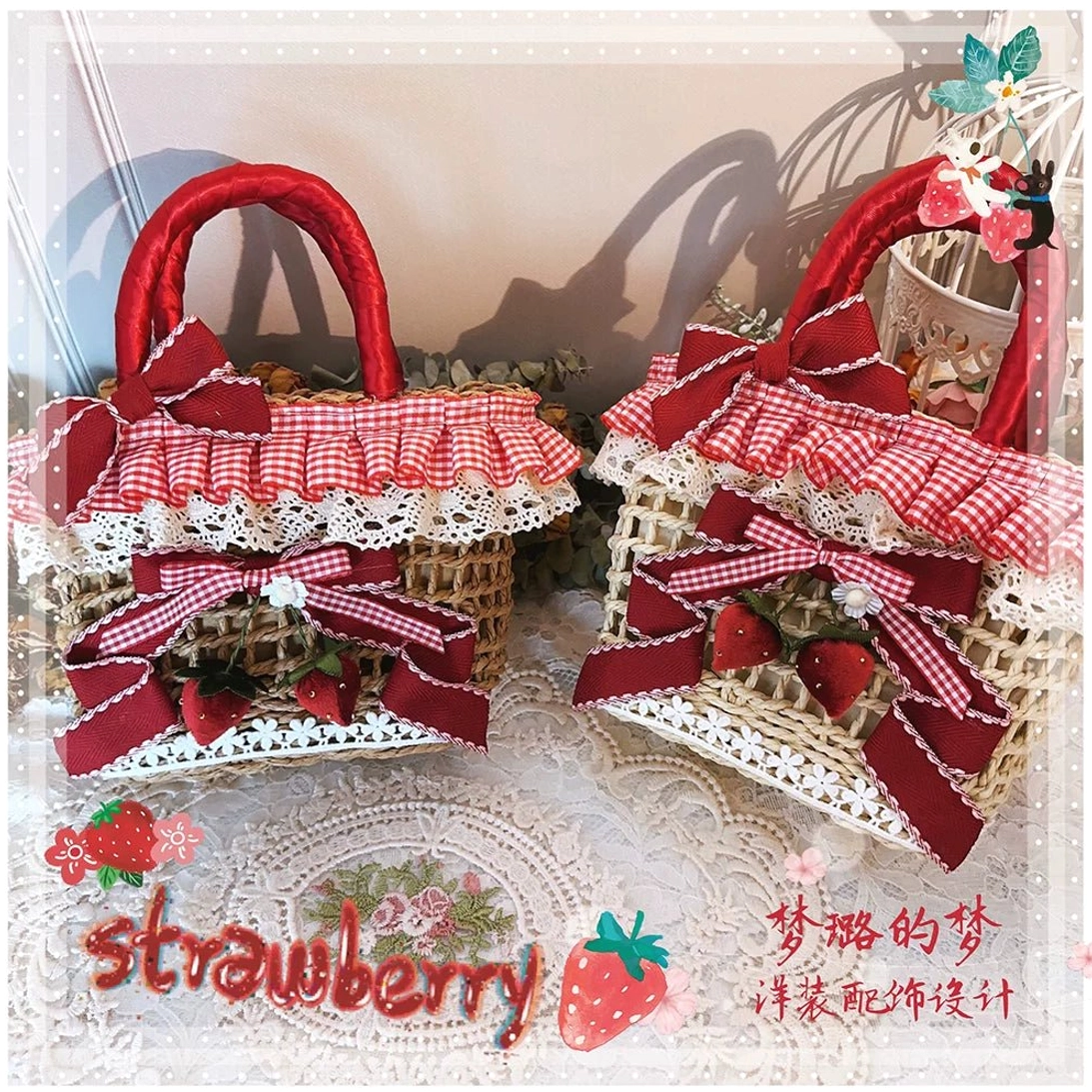Strawberry themed Country Lolita straw tote bag pair on lace table with red gingham ruffles, bows and fruit ornaments