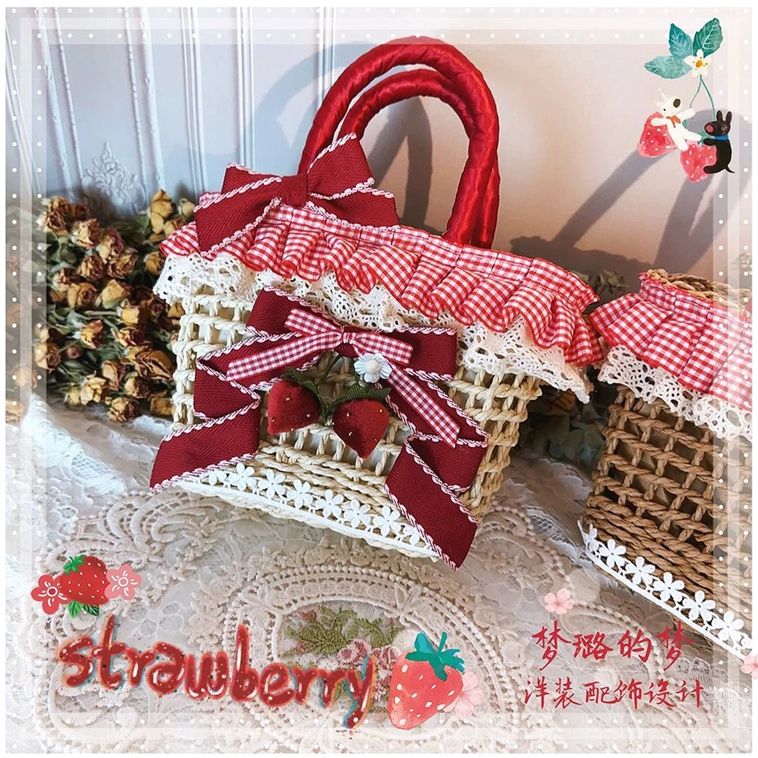 Strawberry Country Lolita woven straw handbag with red gingham trim, red handles, ribbon bows and decorative strawberry accents