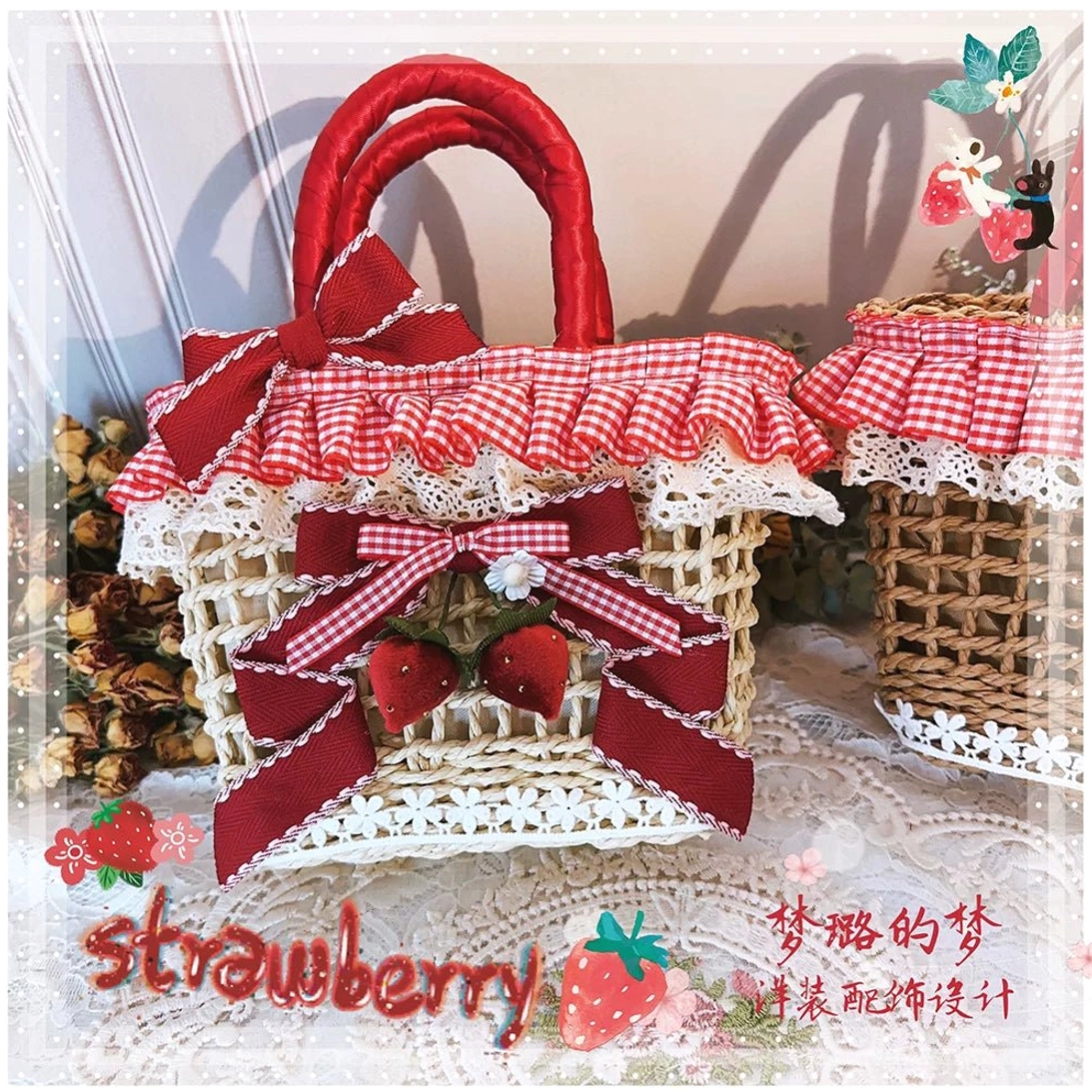 Beige and brown woven strawberry Country Lolita tote bags with matching red gingham ruffles and padded red top handles