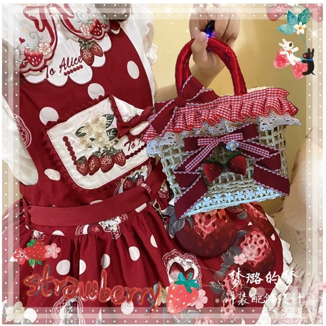 Strawberry gingham Country Lolita straw tote bag with woven body, lace ruffle trim, red ribbon handles and crossbody strap