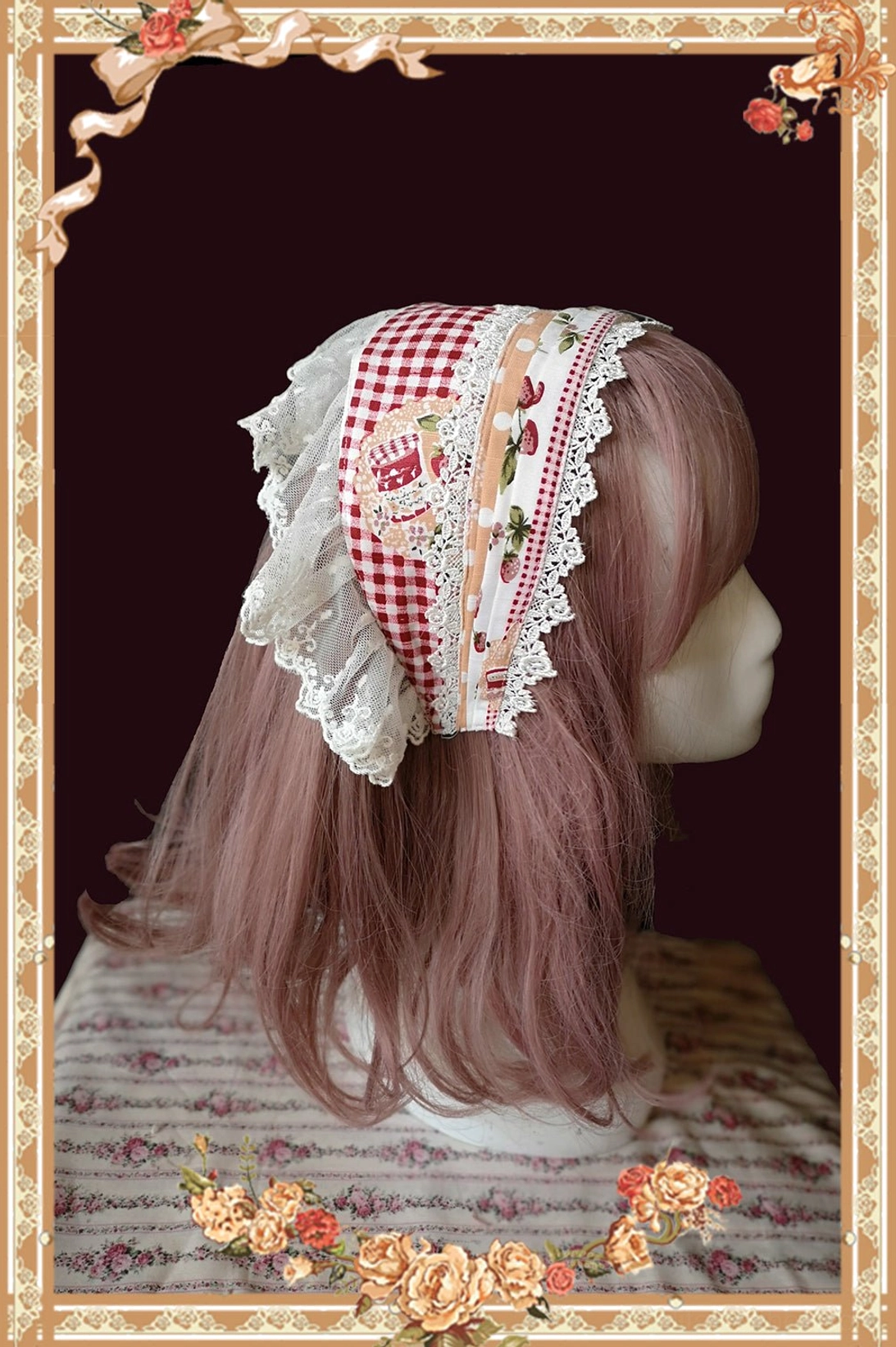 Sweet Lolita vintage headscarf accessory matching strawberry gingham coordinate, gingham check base, floral embroidery, lace ruffled edge, maid-style hair cover on wig mannequin