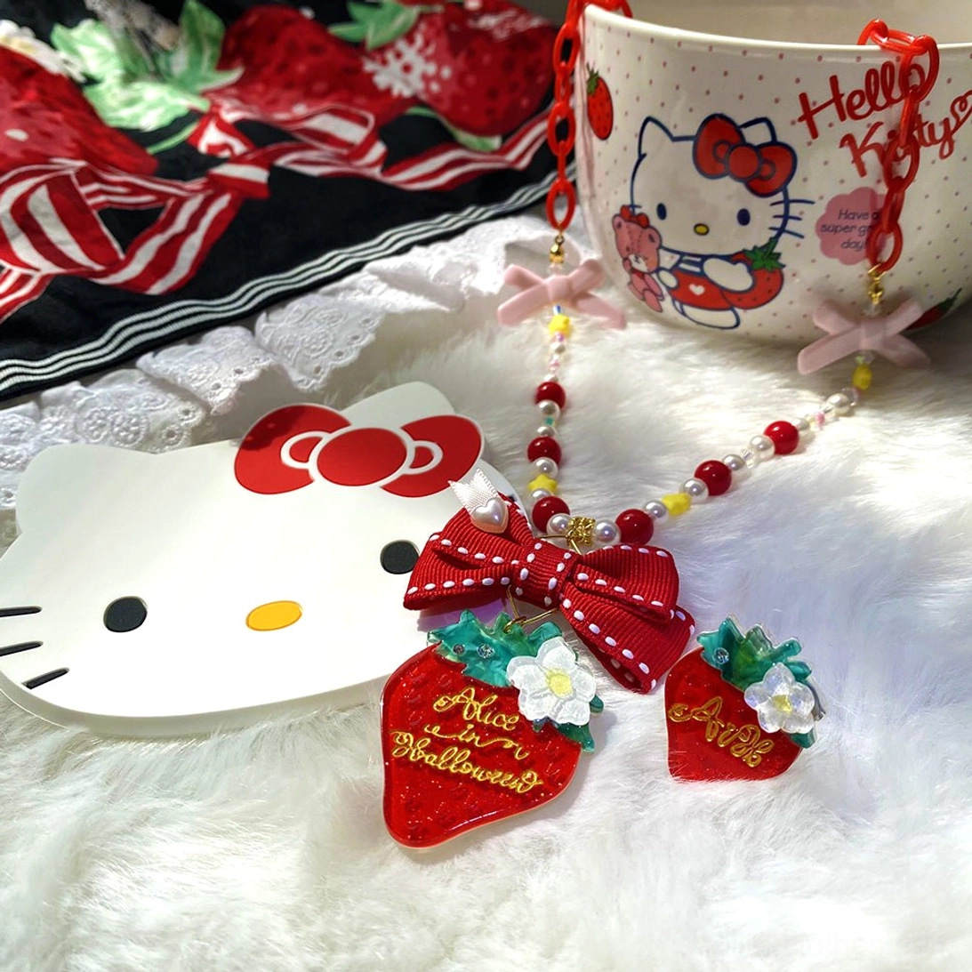 Strawberry lolita accessory collection necklace brooch ring variations displayed together