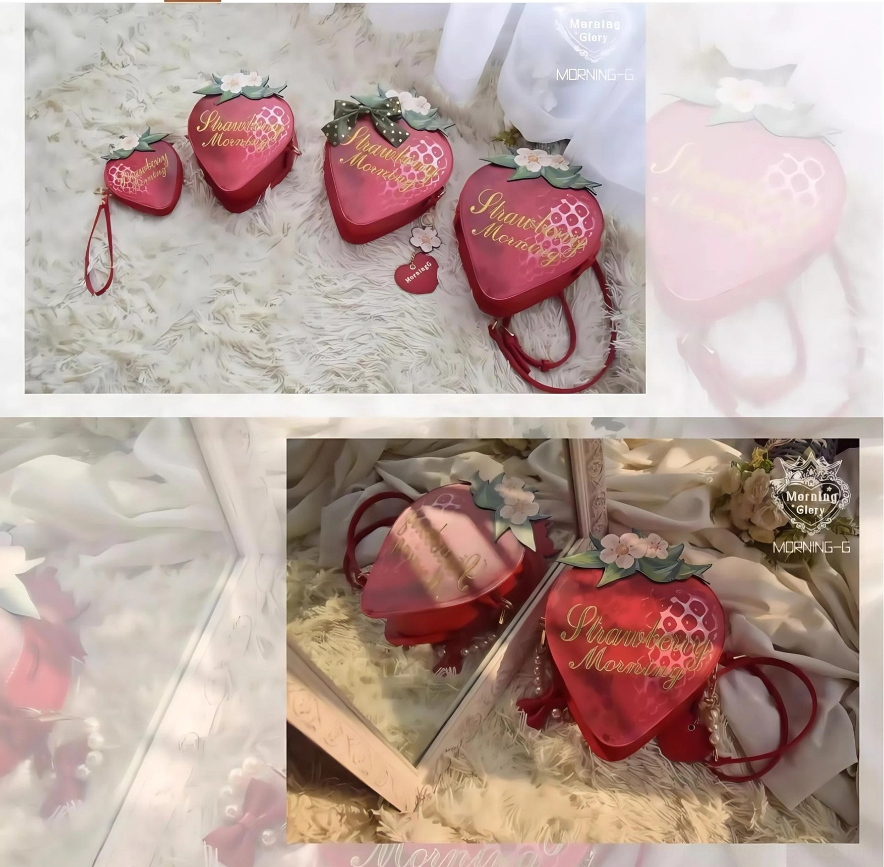Strawberry sweet lolita crossbody bag styled with casual lolita outfit polka dot skirt blouse