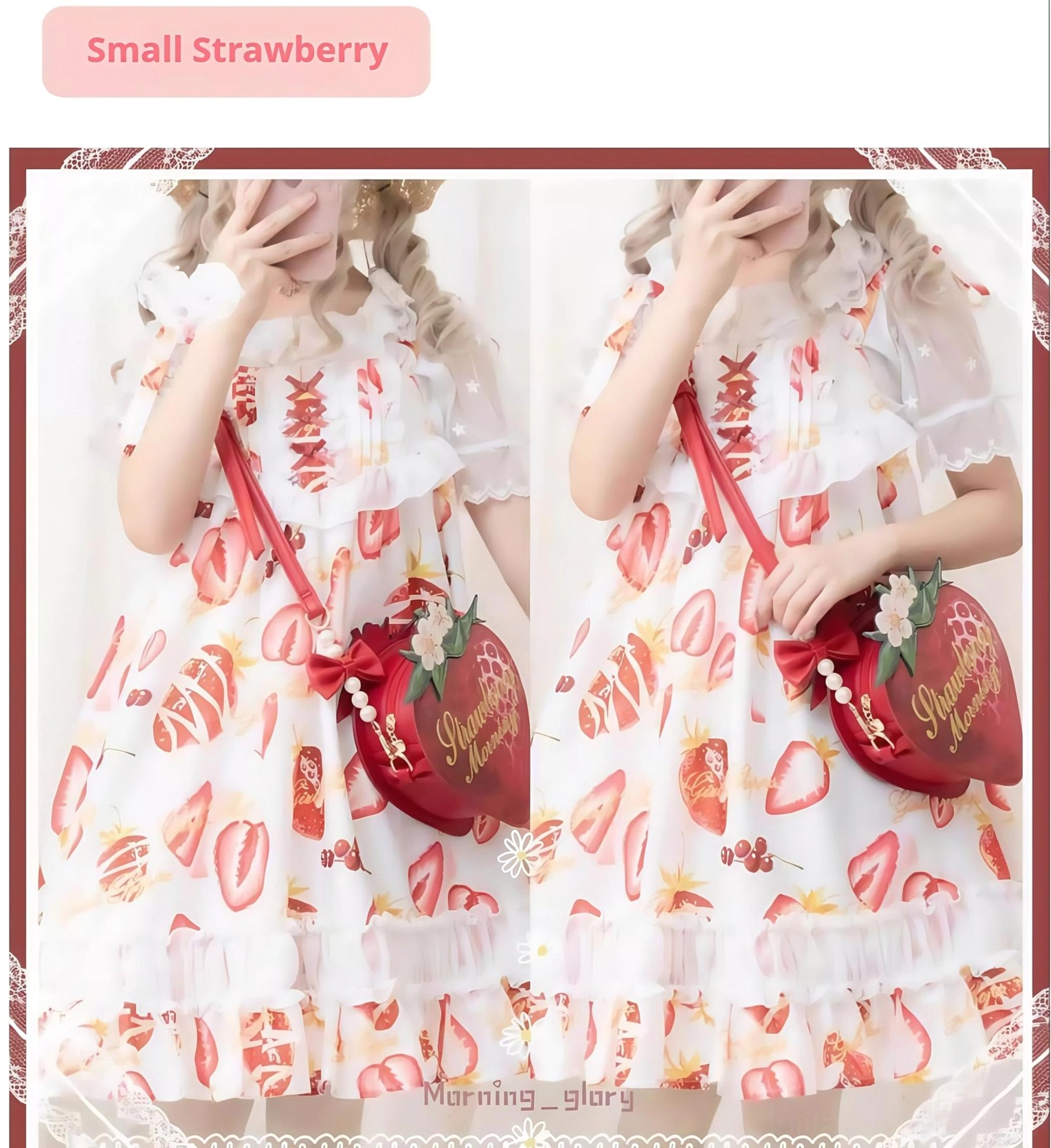 Strawberry crossbody bag paired with strawberry fruit print sweet lolita dress half-body model shot
