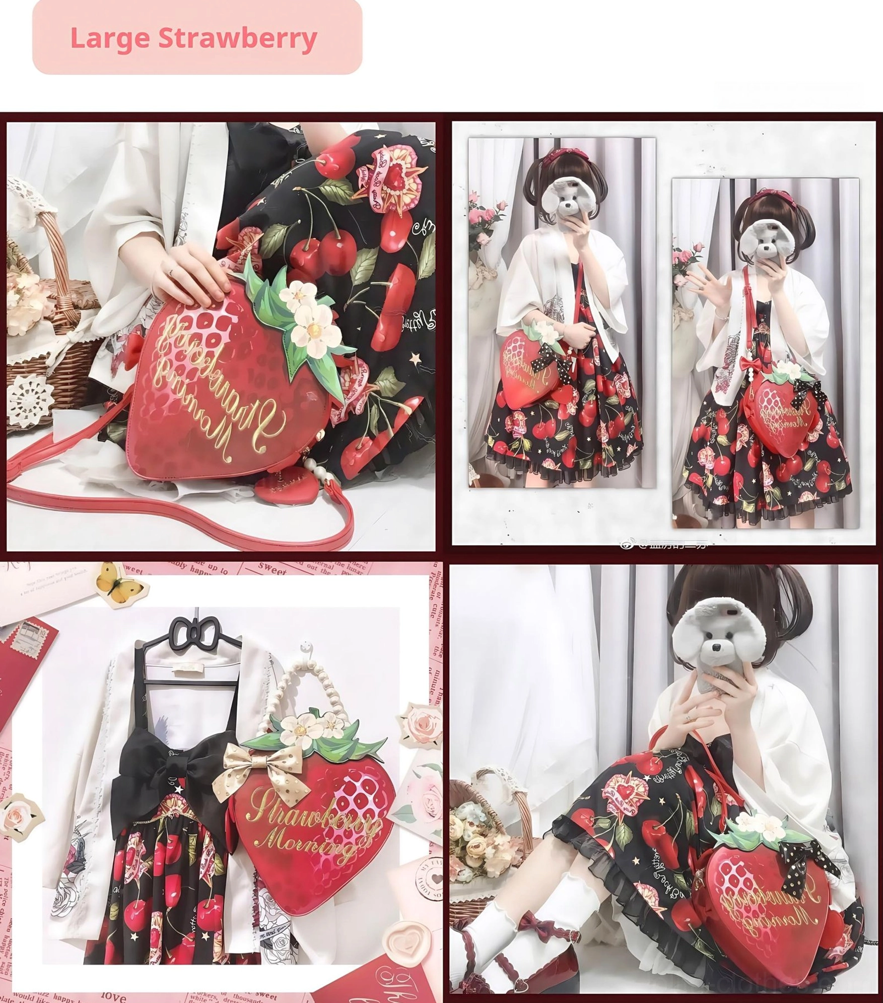 Strawberry sweet lolita crossbody bag heart-shaped charm detail pearl handle premium accessories close-up