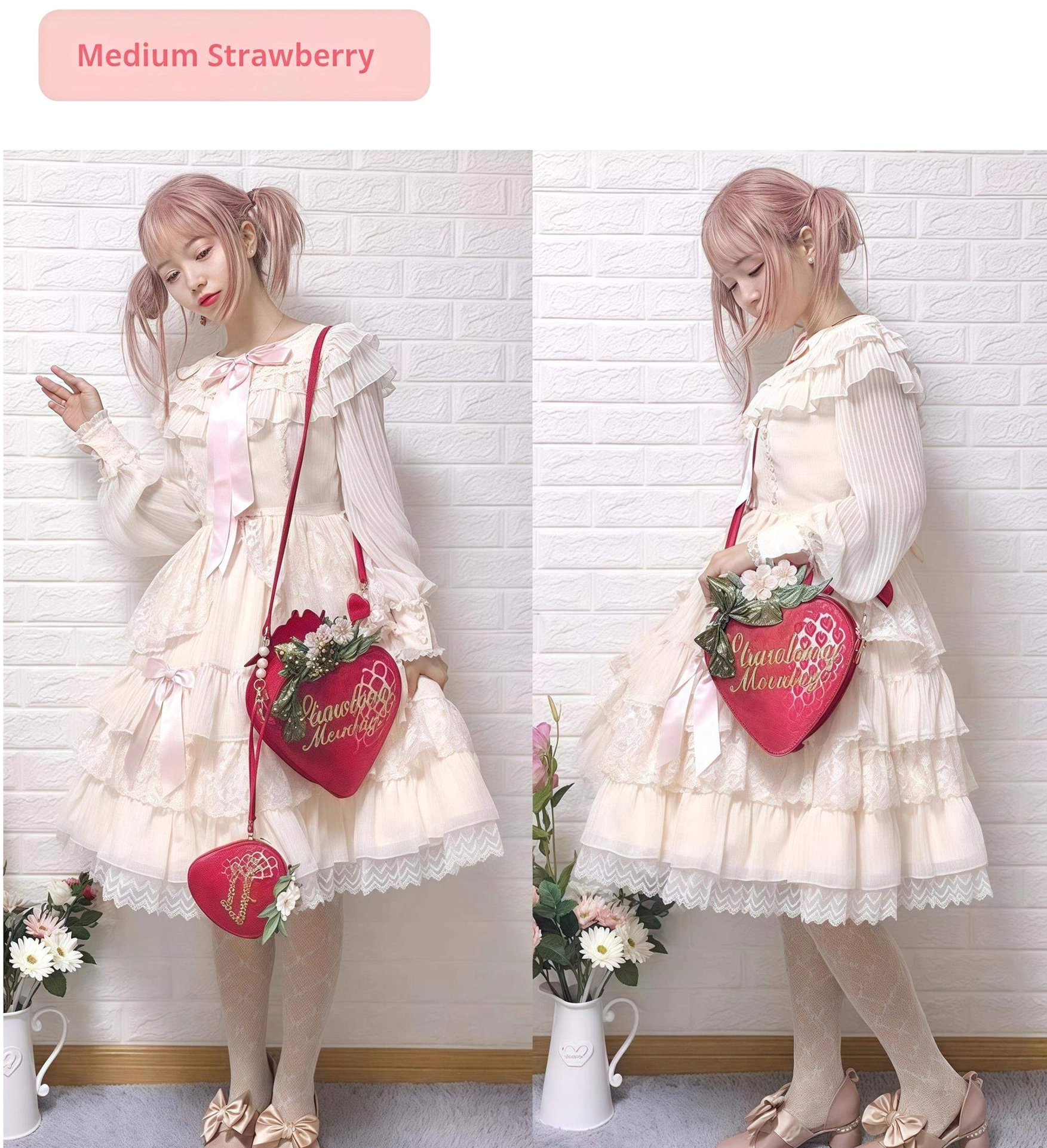 Strawberry crossbody bag styled with classic light pink ruffled sweet lolita dresses white brick wall backdrop