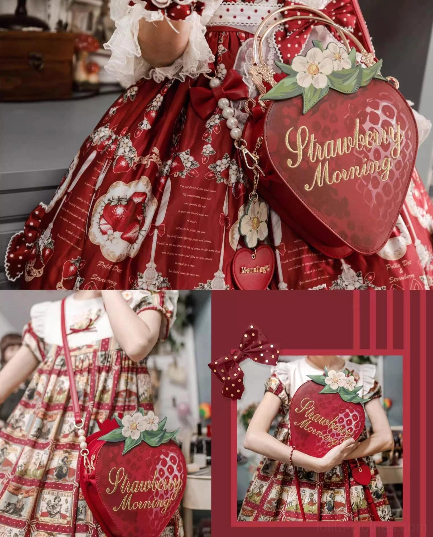 Strawberry lolita bag PU material texture red finish quality craftsmanship detail shot