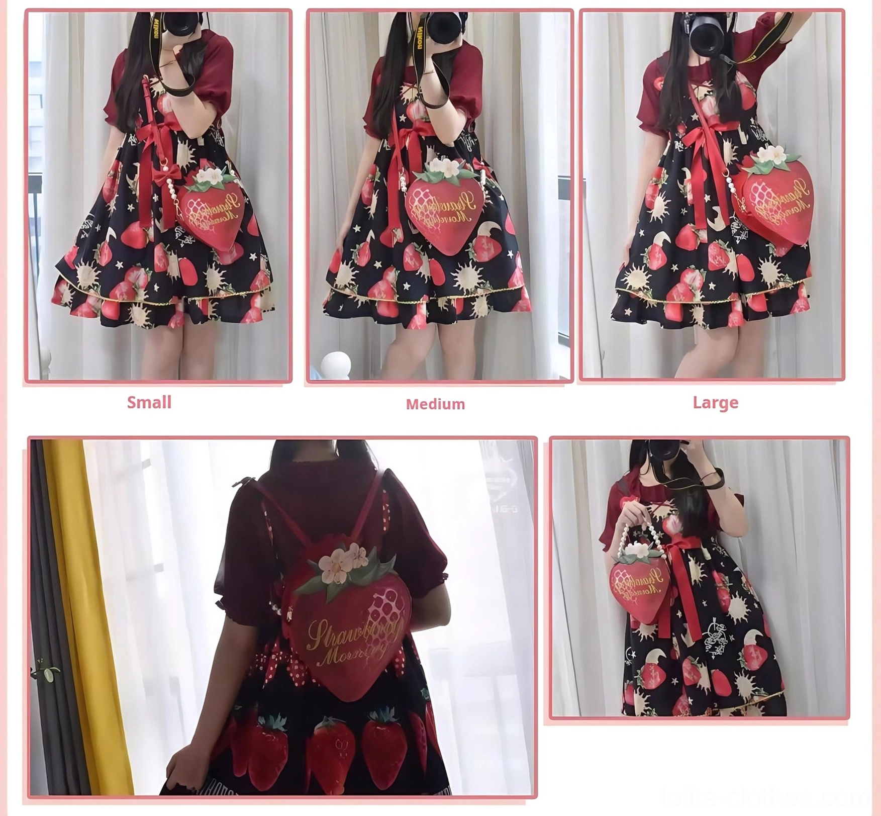 Strawberry lolita crossbody bag strap detail pearl chain embellishment adjustable long strap close-up