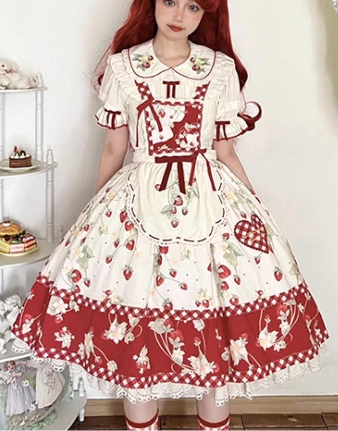 Size range comparison of strawberry sweet lolita blouse available in XS through XXXL displayed on multiple mannequins