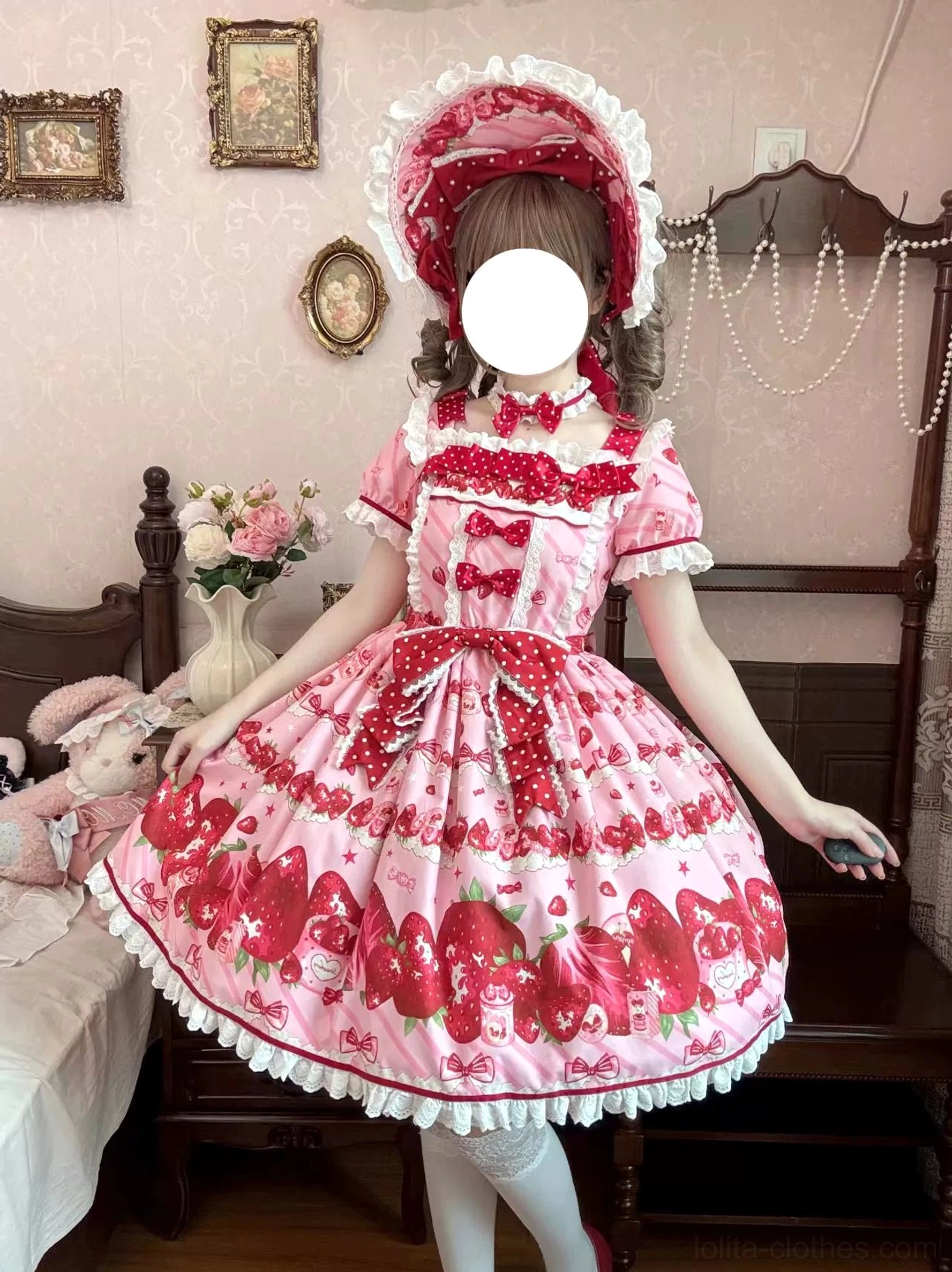 Model wearing complete strawberry lolita outfit bonnet matching lace-trimmed headwear white stockings red Mary Jane shoes vintage bedroom interior full body portrait