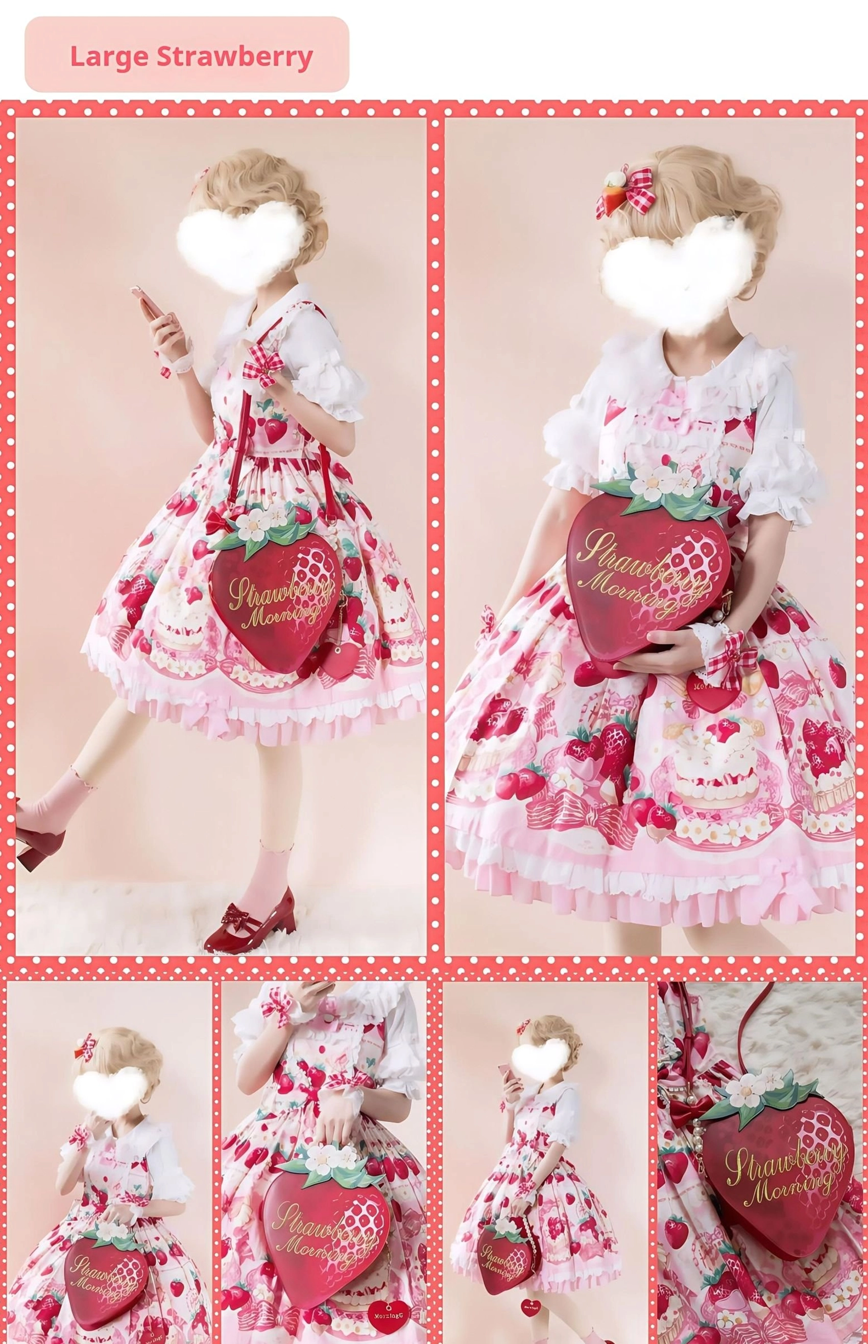 Large strawberry lolita crossbody bag multi-perspective collage showing different wearing styles red pink sweet lolita