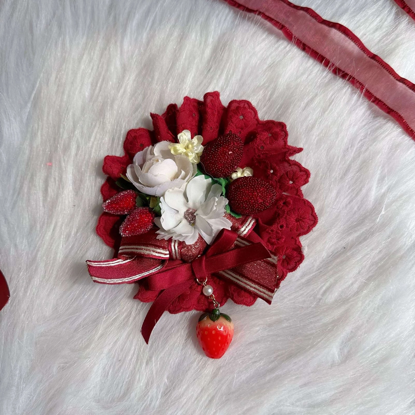 Strawberry themed lolita hair clip and brooch with wine red flower trim white roses striped satin bow and hanging strawberry pendant