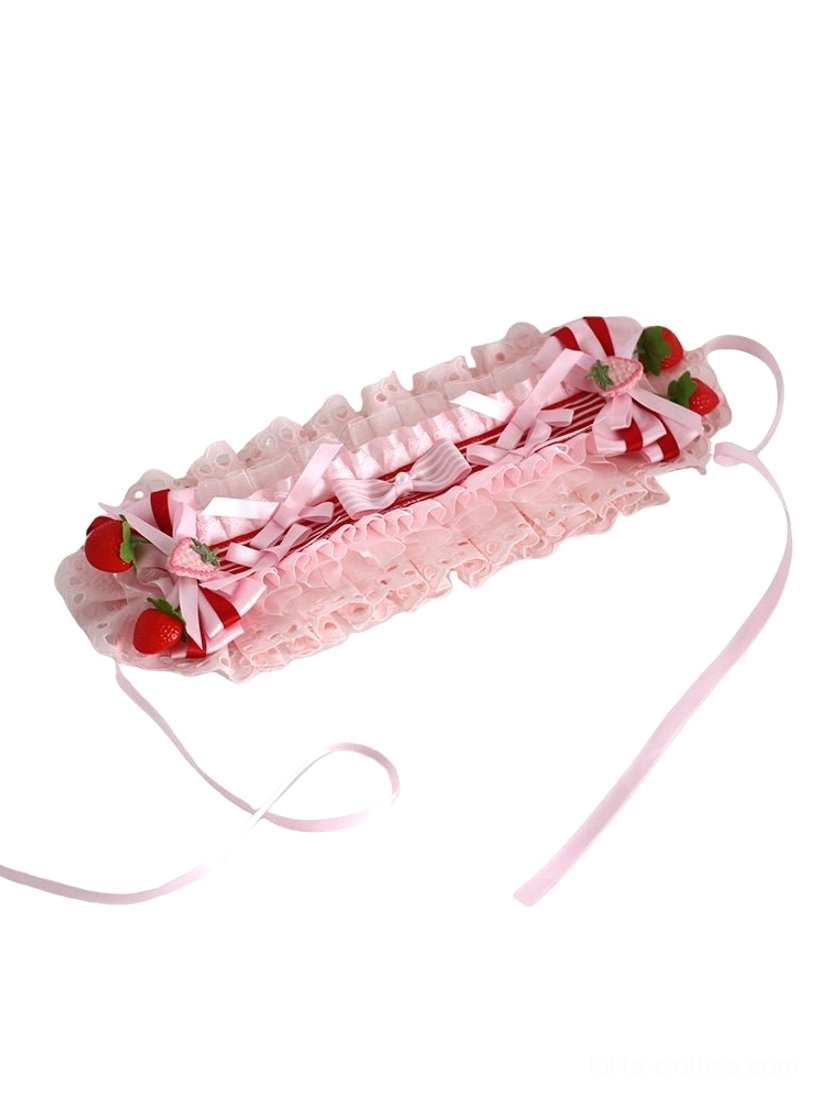 Strawberry lolita head accessories close-up detail of cotton lace construction quality stitching and ribbon embellishments