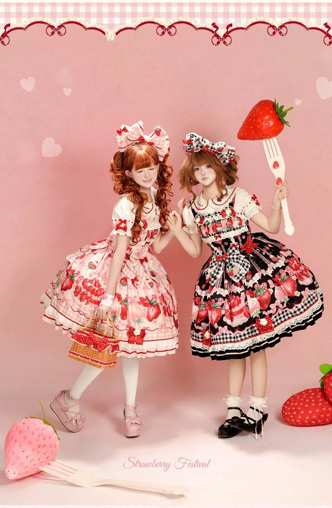 Pink strawberry Lolita JSK jumper skirt back view silhouette full-body petticoat volume structured hem aesthetic display