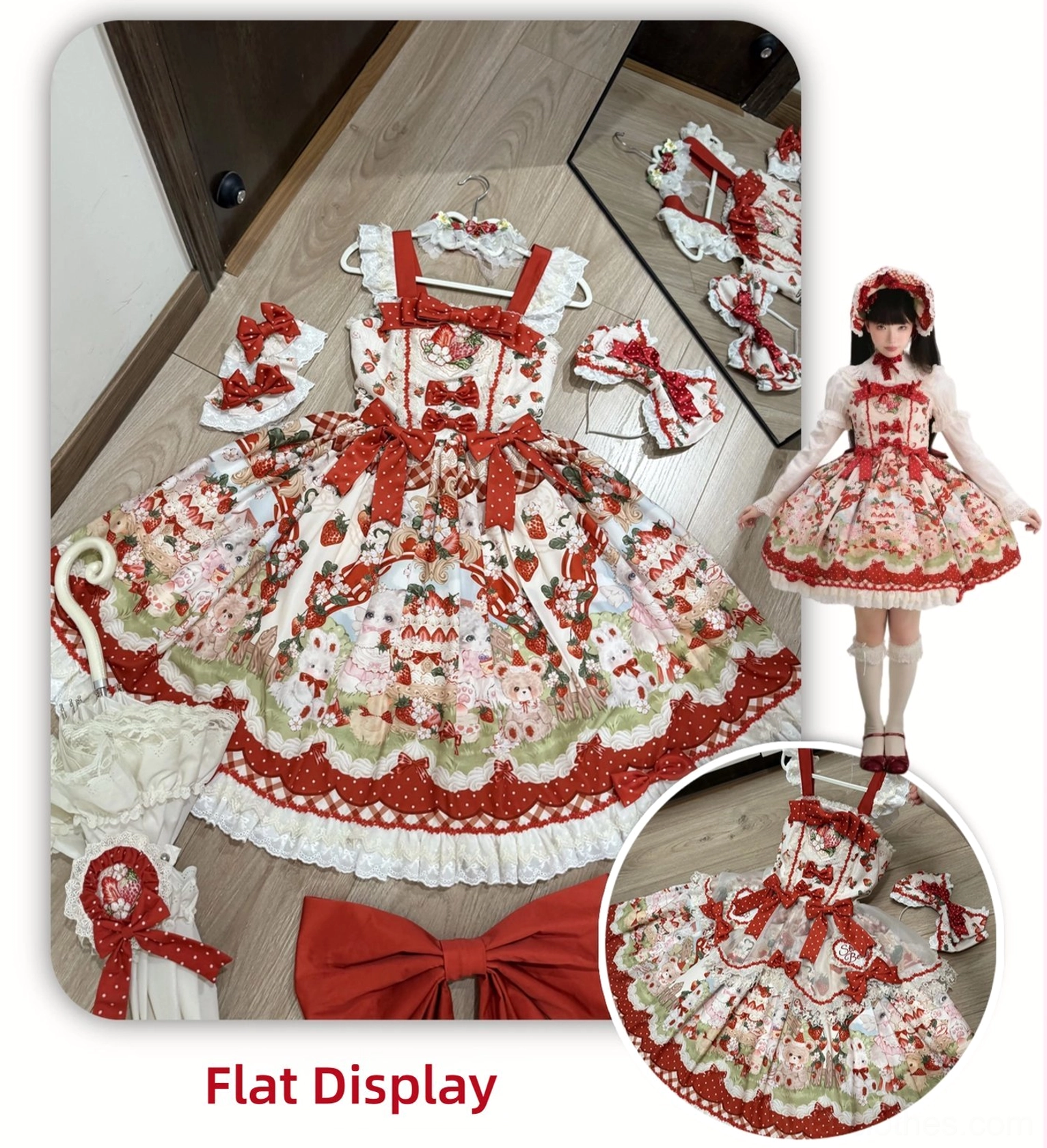 Strawberry Lolita JSK dress complete ensemble flat-lay product photography showing red off-white color palette, scalloped lace hem, embroidered details, polyester material, full product overview