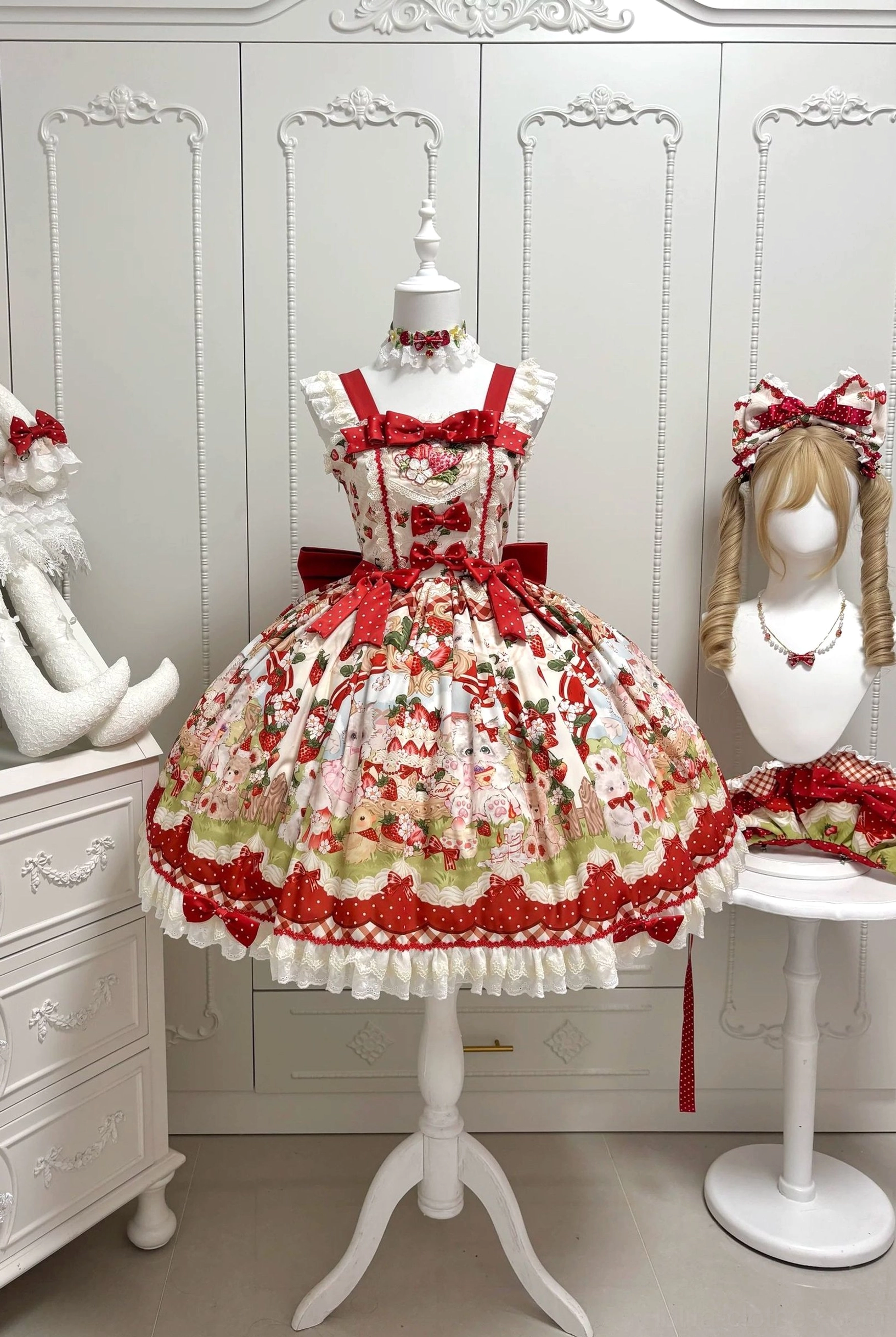 Strawberry Lolita JSK dress skirt print pattern close-up showing adorable kittens bears bunnies strawberry cake tea party themed illustration, vibrant color printing quality on polyester fabric